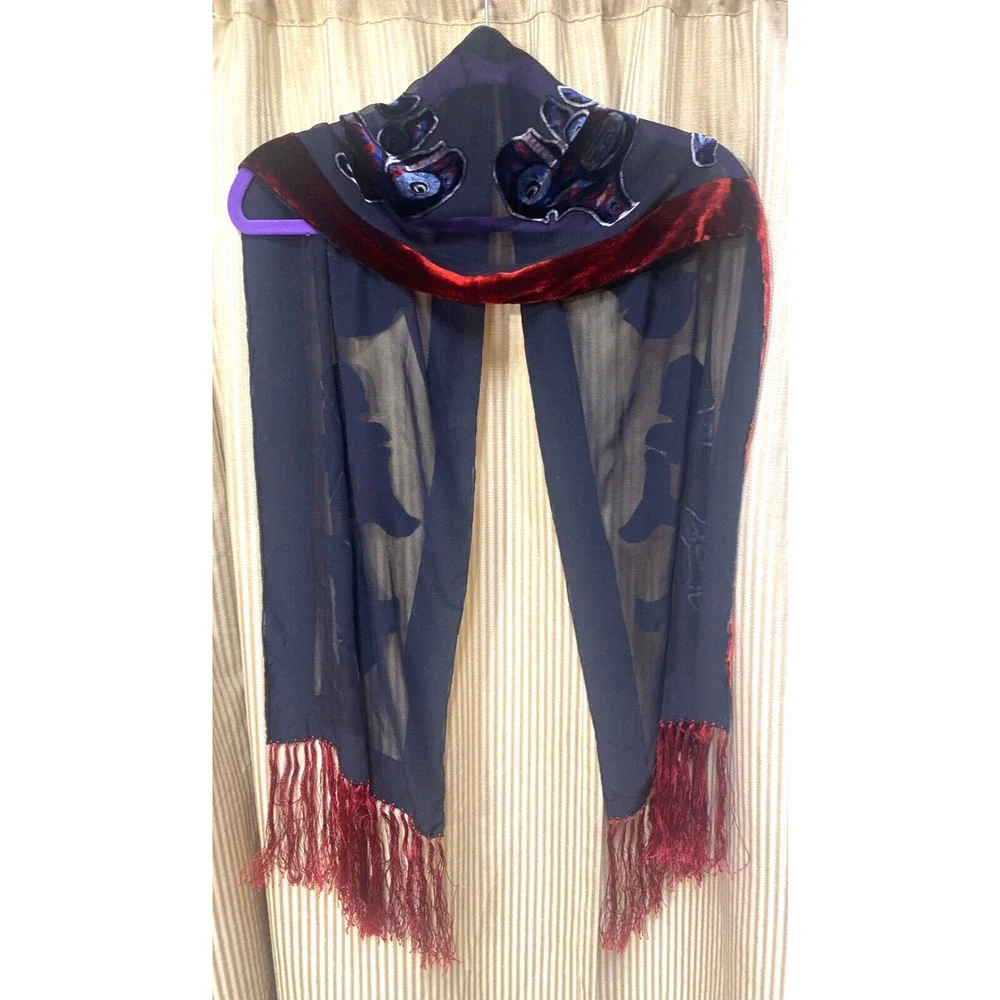 Scarf Native Whale Totem Art Print Burnout Velvet Silk Red Black
